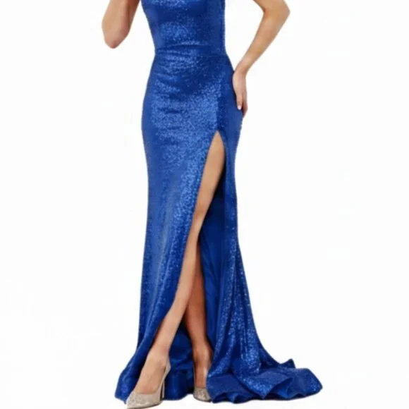 open lace back dress Zapaka Women Blue Sequin One Shoulder Sparkly Plus Size Prom Dress with Slit Sheath Party Dress, Blue / US2